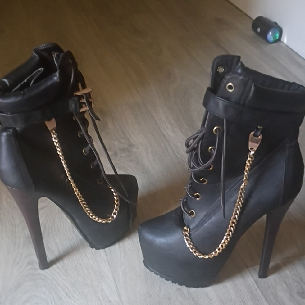 Black Lace-Up Platform Ankle Heels with Gold Chain Accent
